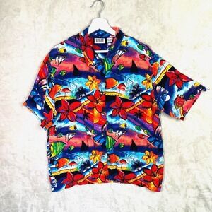 Chico's Blouse Pop-Art Floral Fish Rayon Sea Camp Shirt Top Vintage Sz 1 M